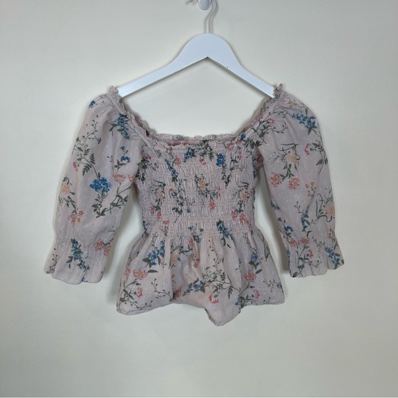 Saylor Clover Floral Smocked Peplum Top Pink 3/4 Puff Sleeves Ruffle Size Small - Picture 3 of 7